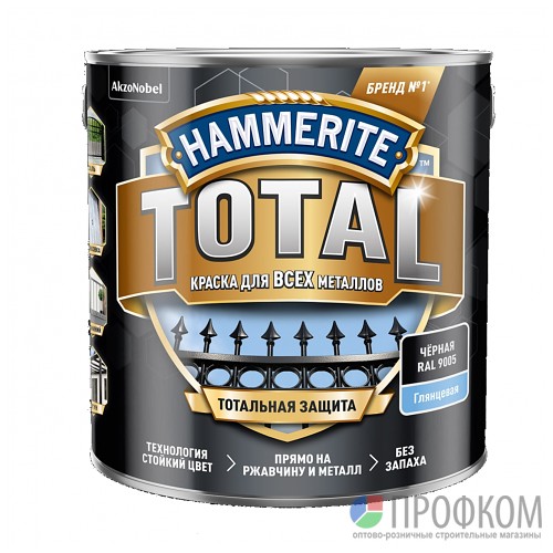 Краска HAMMERITE TOTAL  глянцевая Черная RAL 9005 0,75л